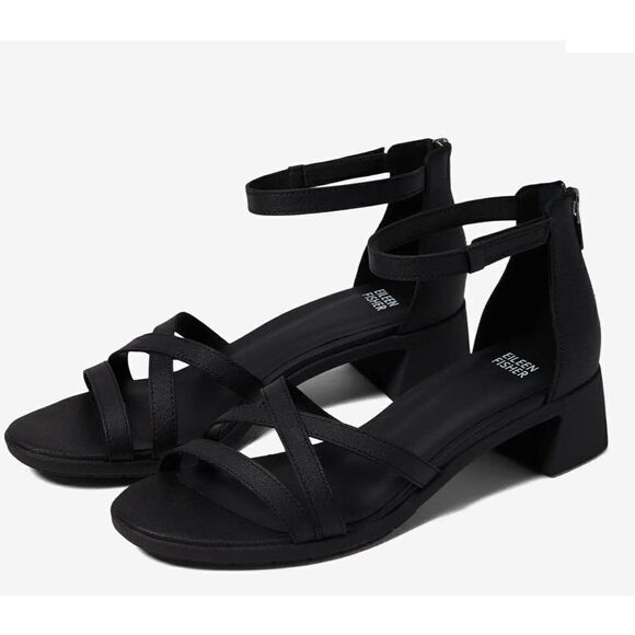 Eileen Fisher Sandals Womens Size‎ 5 Black Suede Leather Open Toe Block Heel - Picture 1 of 10
